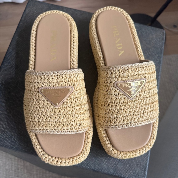 Prada Raffia Single-Band Platform Slides - Picture 1 of 16